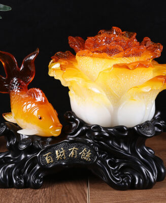 Yellow Jade Lotus & Goldfish Ornament